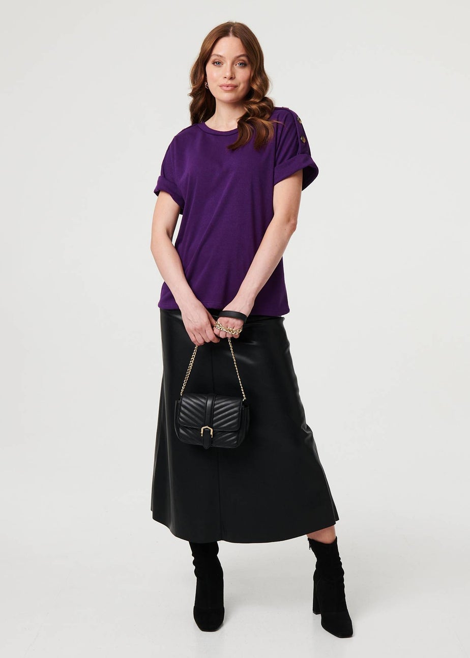 Izabel London Purple Button Trim Short Sleeve Relaxed Top