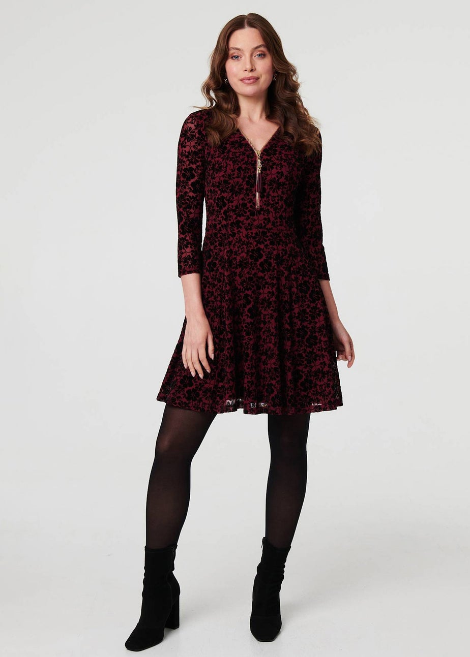 Izabel London Red Floral Zip V-Neck Short Skater Dress