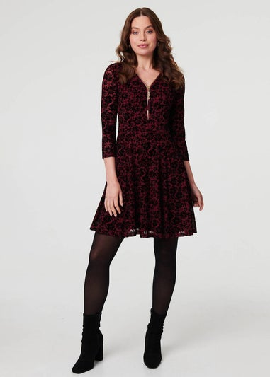 Izabel London Red Floral Zip V-Neck Short Skater Dress