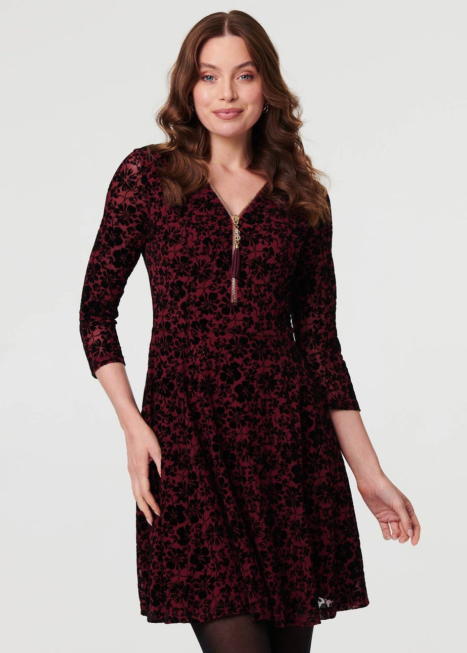 Izabel London Red Floral Zip V-Neck Short Skater Dress