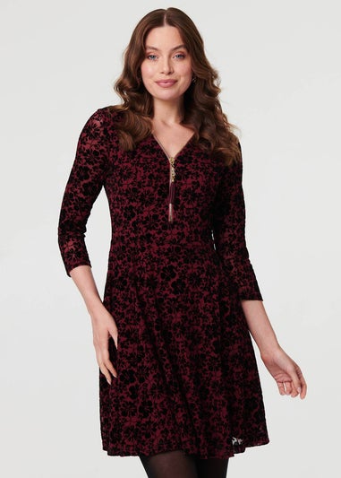 Izabel London Red Floral Zip V-Neck Short Skater Dress
