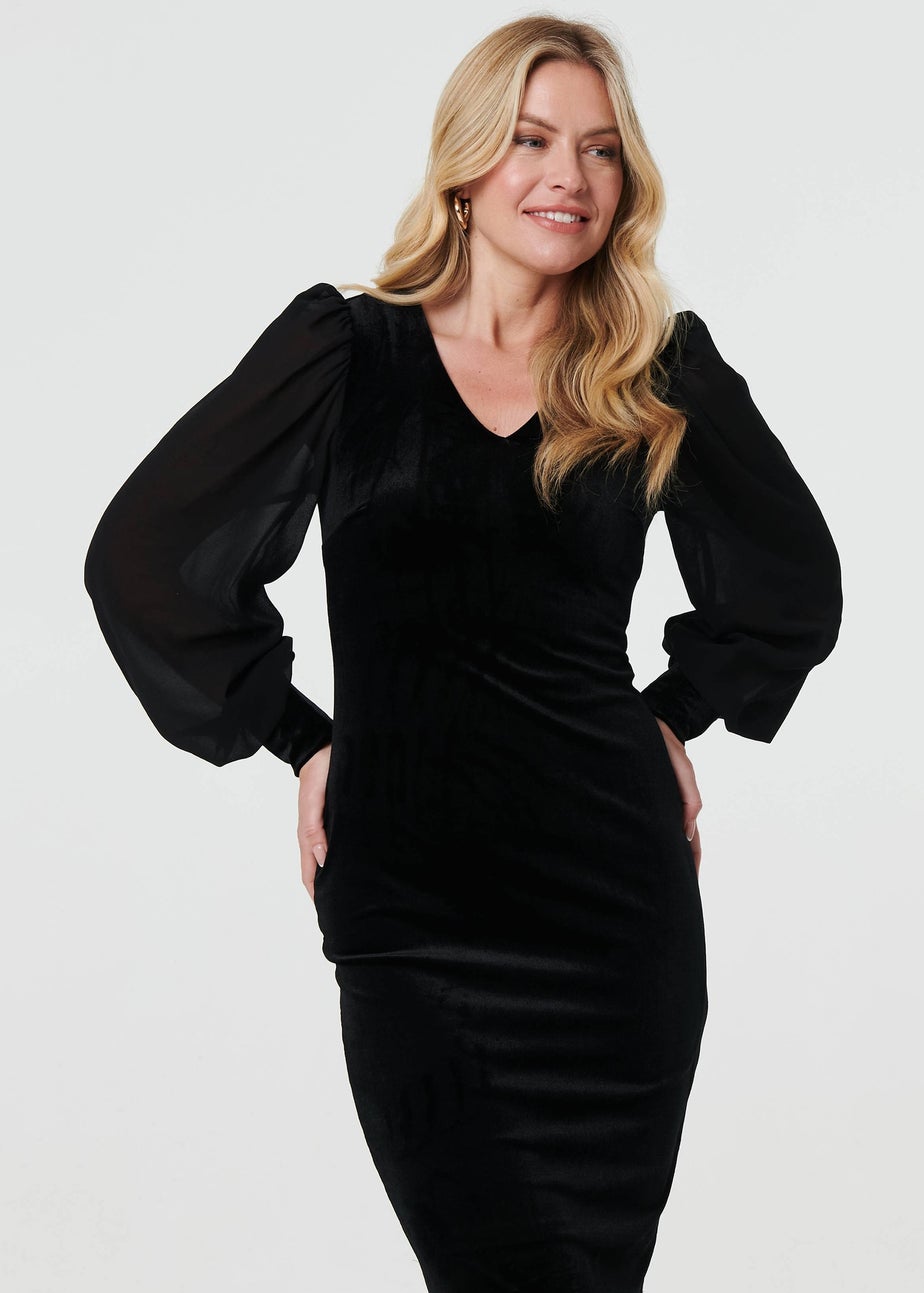 Izabel London Black Long Balloon Sleeve Knee Length Dress