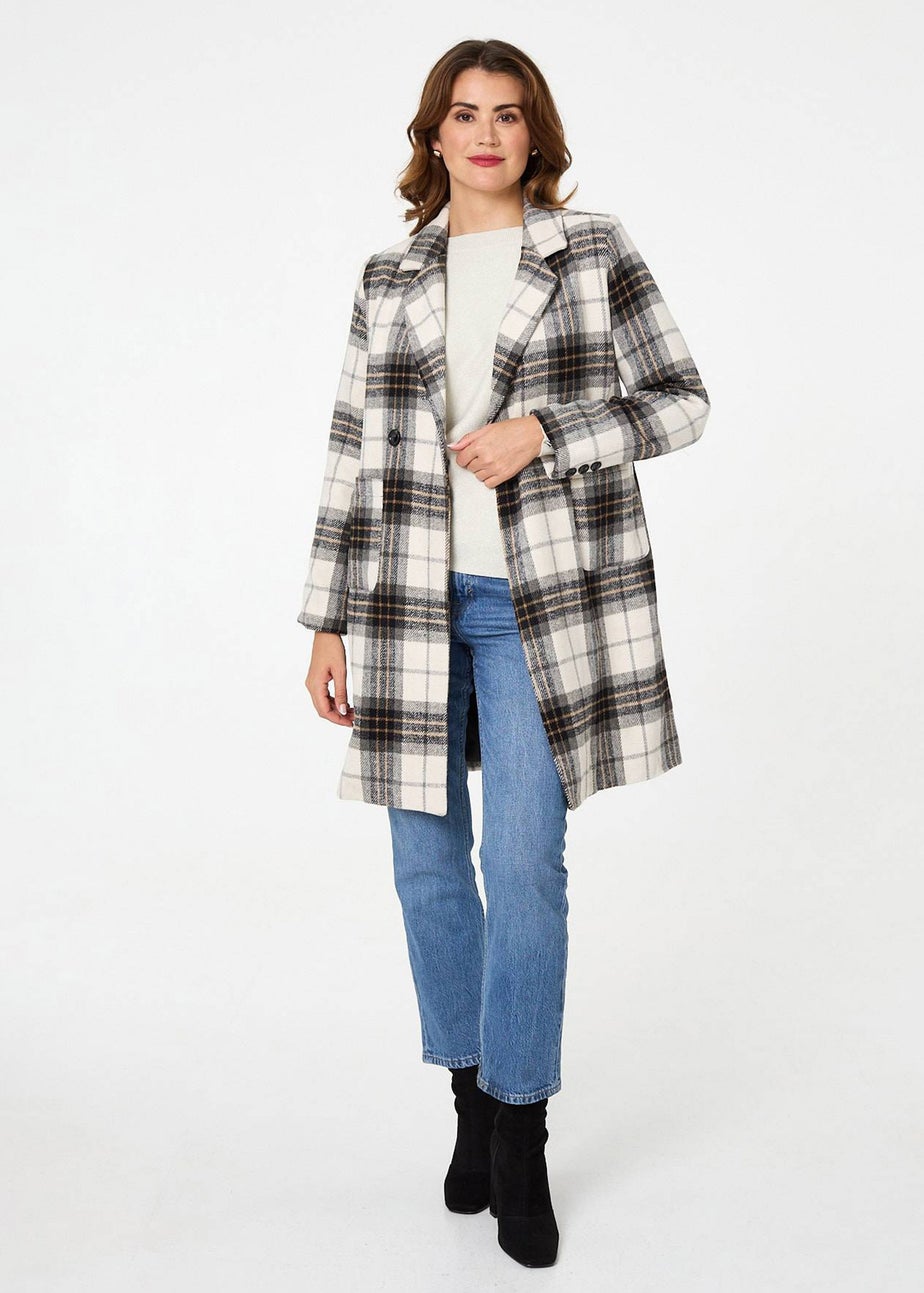 Izabel London Beige Checked Double Breasted Longline Coat
