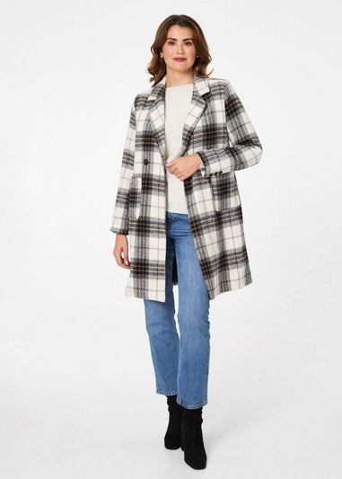Izabel London Beige Checked Double Breasted Longline Coat