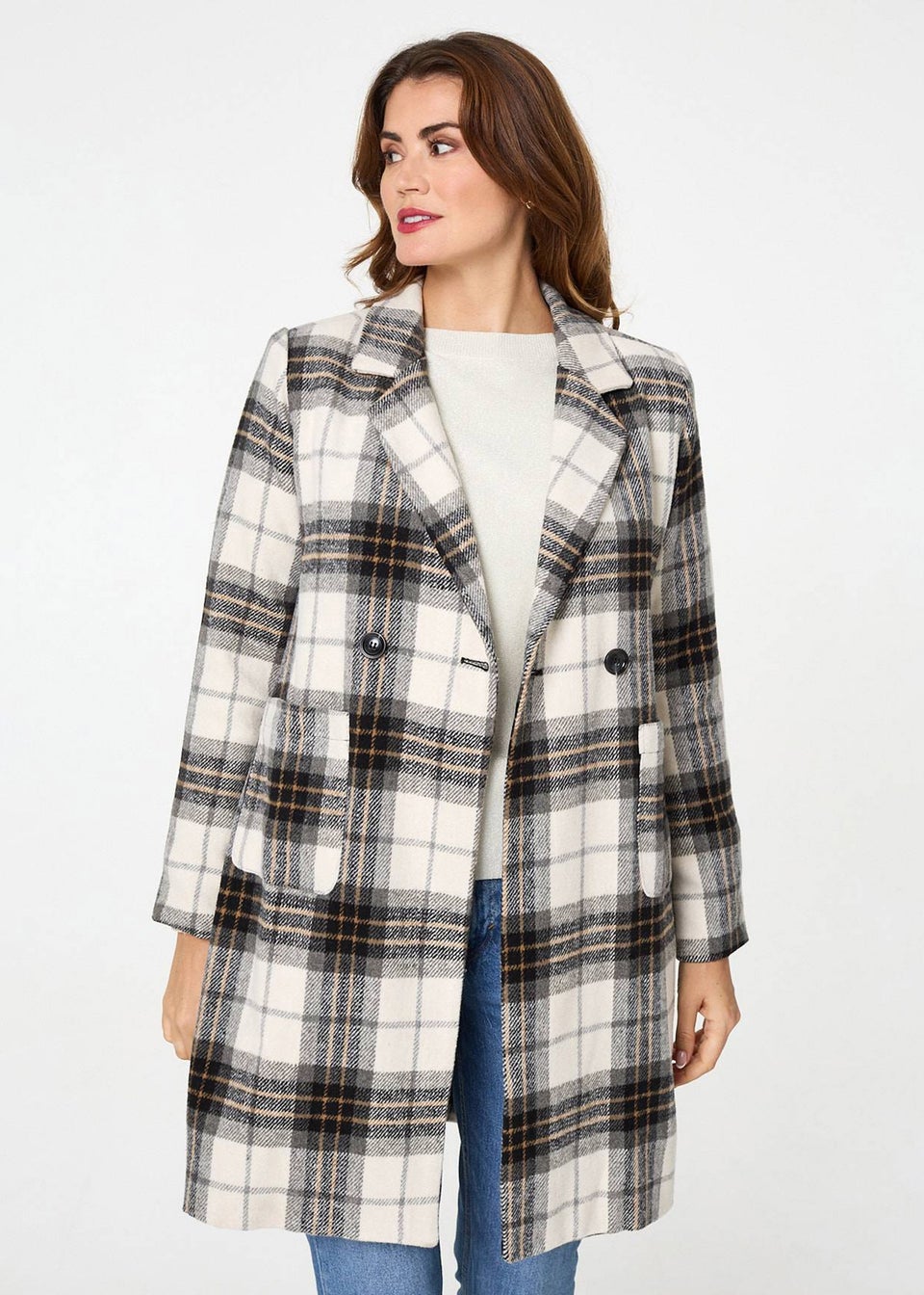 Izabel London Beige Checked Double Breasted Longline Coat