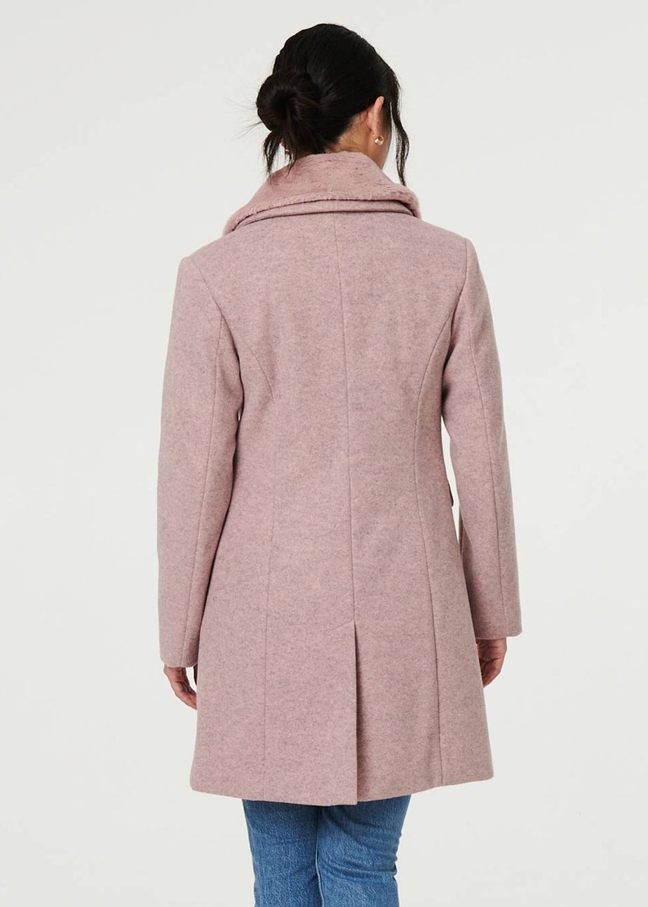 Izabel London Pink Fur Trim Double Breasted Longline Coat