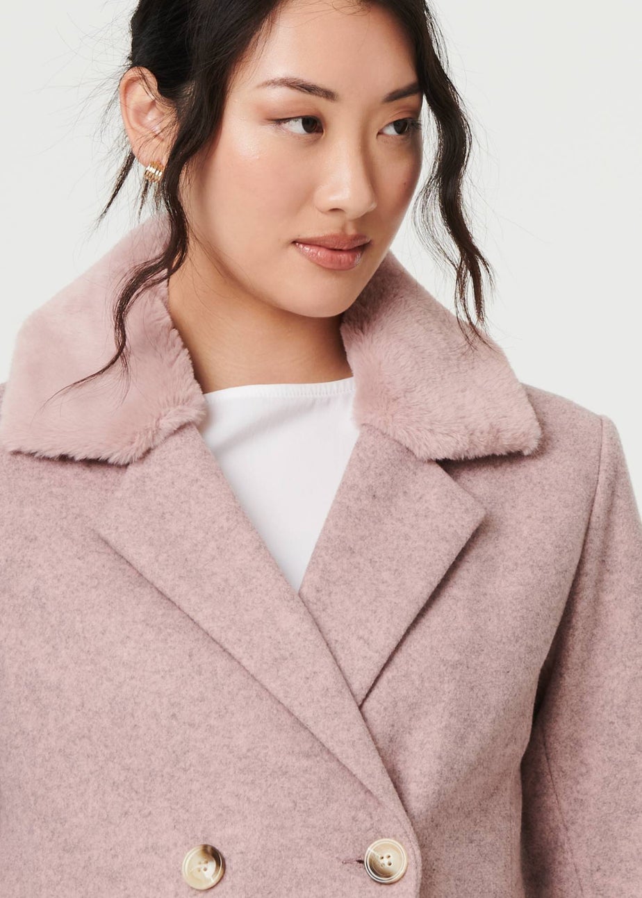 Izabel London Pink Fur Trim Double Breasted Longline Coat