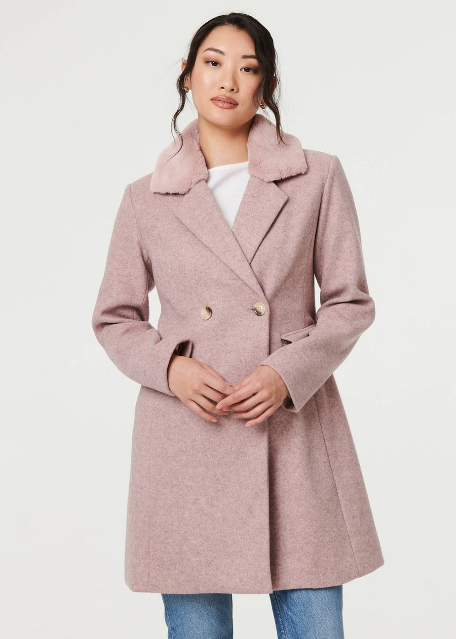 Izabel London Pink Fur Trim Double Breasted Longline Coat