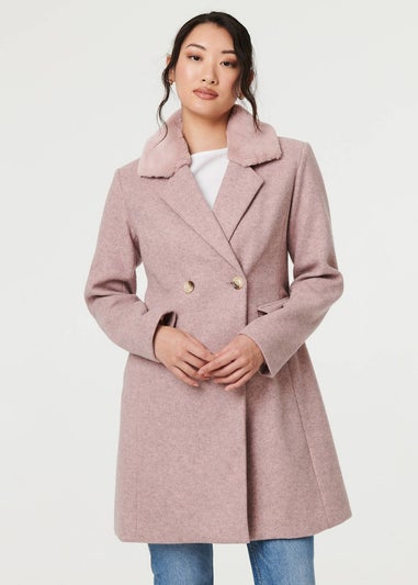 Izabel London Pink Fur Trim Double Breasted Longline Coat