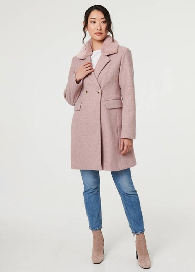 Izabel London Pink Fur Trim Double Breasted Longline Coat