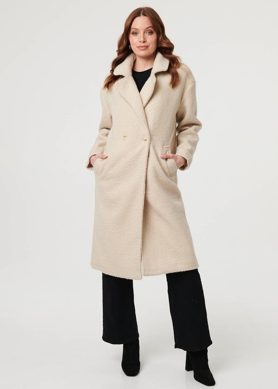Izabel London Beige Teddy Texture Long Sleeve Oversized Coat
