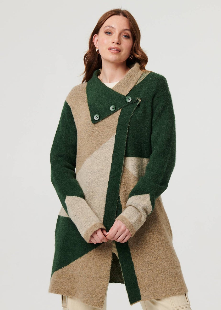 Izabel London Green Colour Block Textured Longline Coatigan