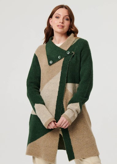 Izabel London Green Colour Block Textured Longline Coatigan