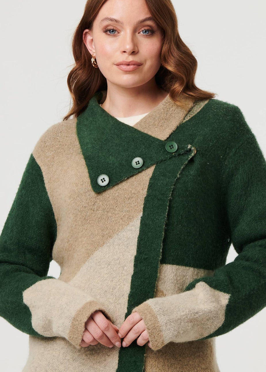 Izabel London Green Colour Block Textured Longline Coatigan