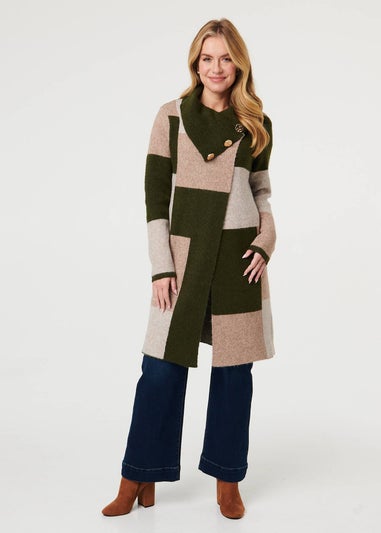 Izabel London Green Colour Block Textured Longline Coatigan