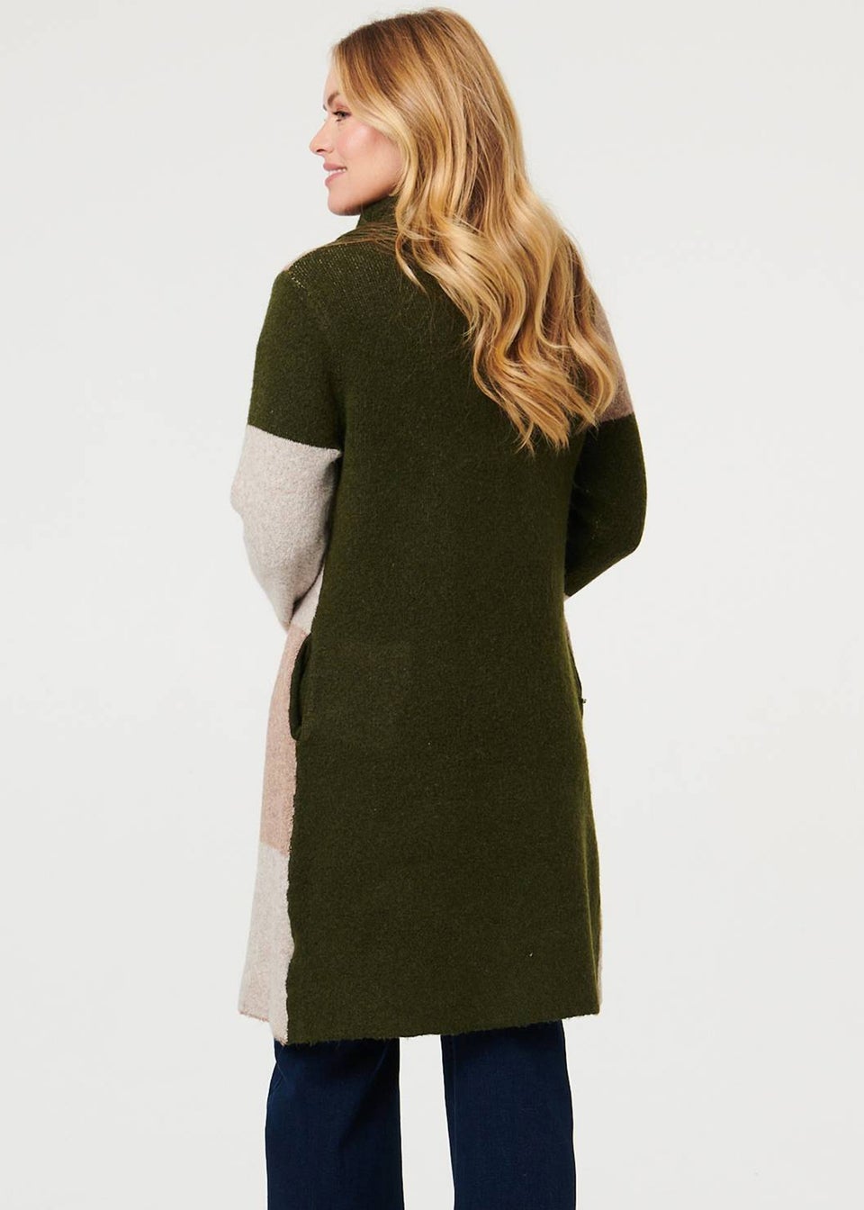 Izabel London Green Colour Block Textured Longline Coatigan