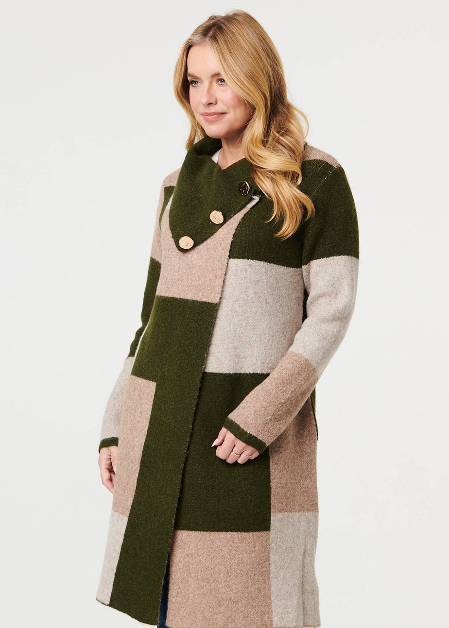 Izabel London Green Colour Block Textured Longline Coatigan