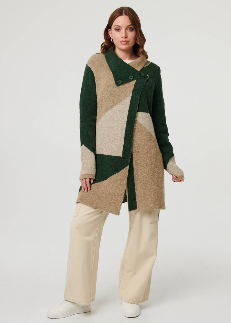 Izabel London Green Colour Block Textured Longline Coatigan