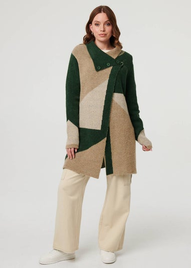 Izabel London Green Colour Block Textured Longline Coatigan