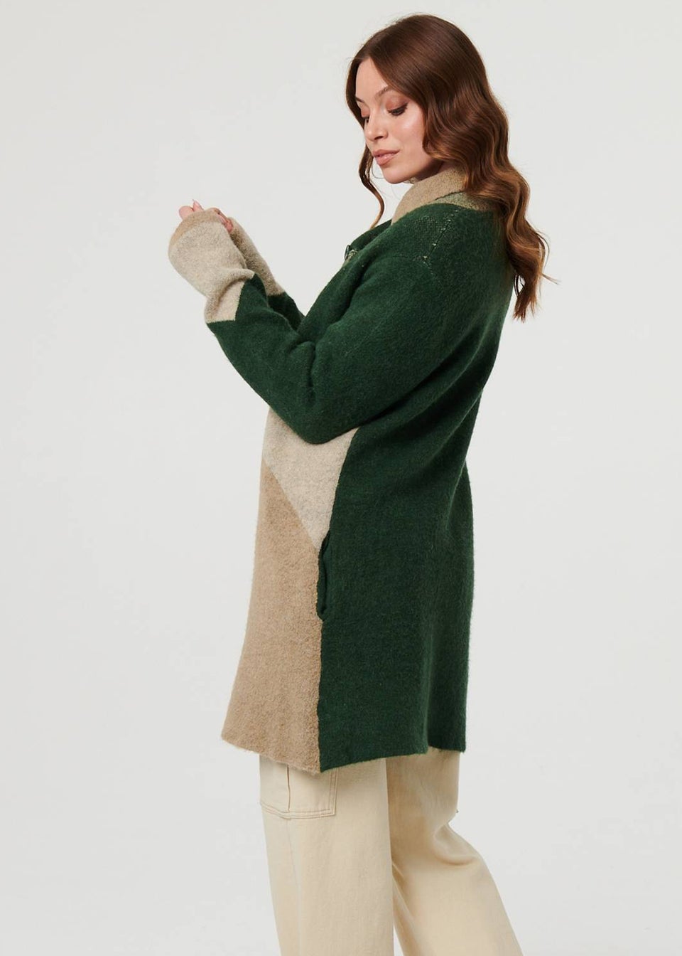 Izabel London Green Colour Block Textured Longline Coatigan