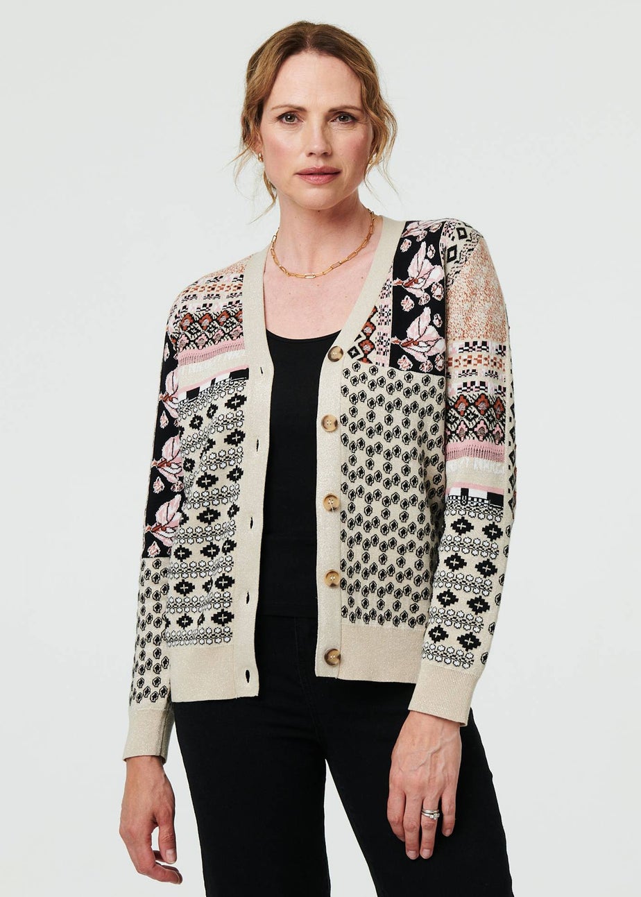 Izabel London Cream Patchwork Print Long Sleeve Cardigan