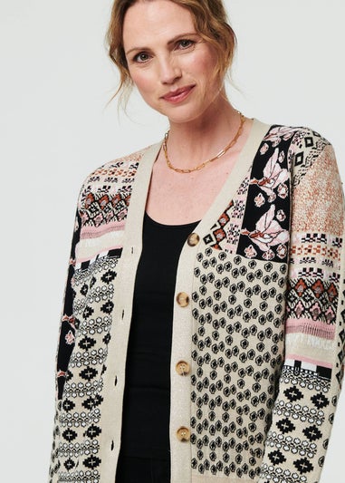 Izabel London Cream Patchwork Print Long Sleeve Cardigan