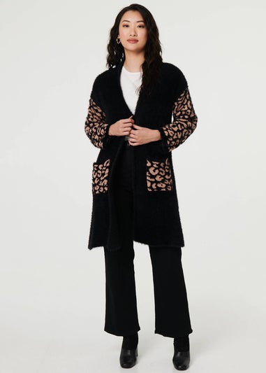 Izabel London Black Animal Print Open Longline Cardigan