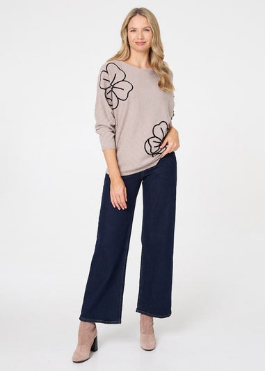 Izabel London Beige Floral Sparkle Batwing Sleeve Jumper