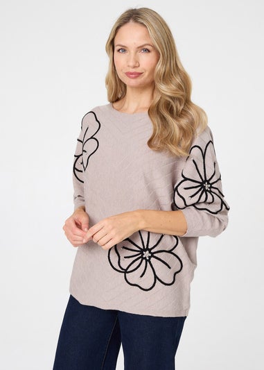 Izabel London Beige Floral Sparkle Batwing Sleeve Jumper