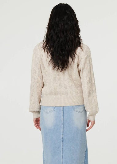 Izabel London Cream Textured Wide Collar V-Neck Jumper