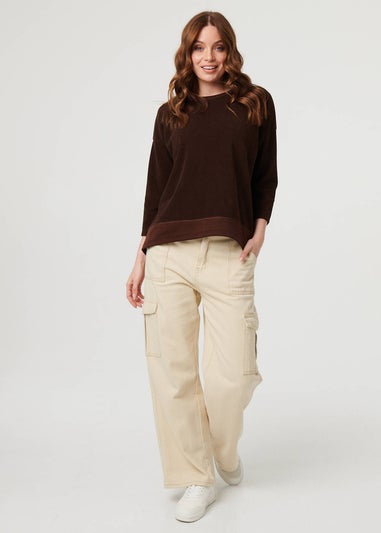 Izabel London Brown Contrast Hem Relaxed 3/4 Sleeve Jumper