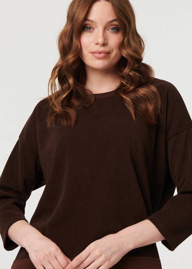 Izabel London Brown Contrast Hem Relaxed 3/4 Sleeve Jumper