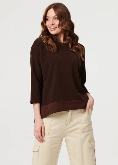 Izabel London Brown Contrast Hem Relaxed 3/4 Sleeve Jumper