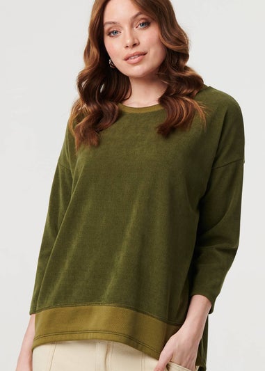 Izabel London Khaki Contrast Hem Relaxed 3/4 Sleeve Jumper