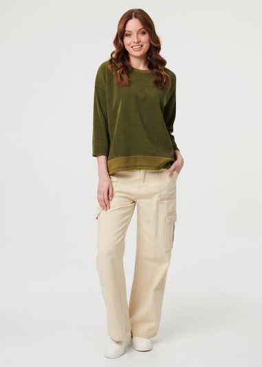 Izabel London Khaki Contrast Hem Relaxed 3/4 Sleeve Jumper