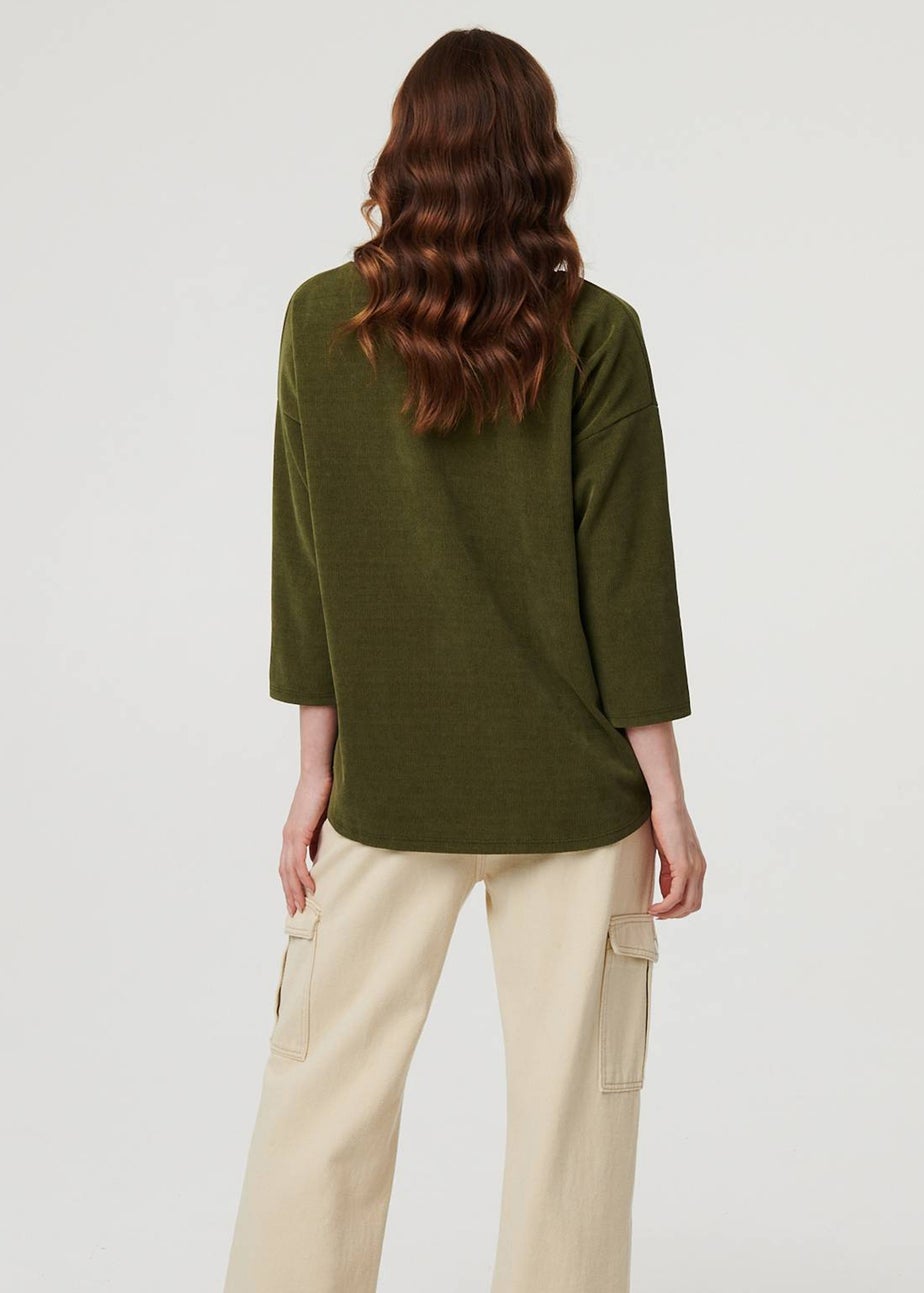 Izabel London Khaki Contrast Hem Relaxed 3/4 Sleeve Jumper