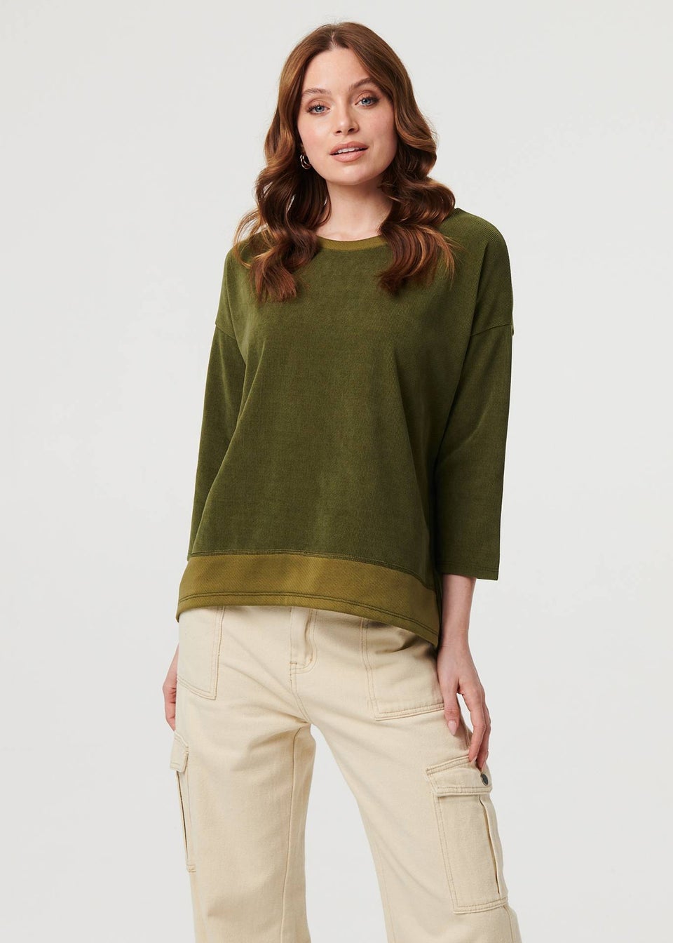 Izabel London Khaki Contrast Hem Relaxed 3/4 Sleeve Jumper