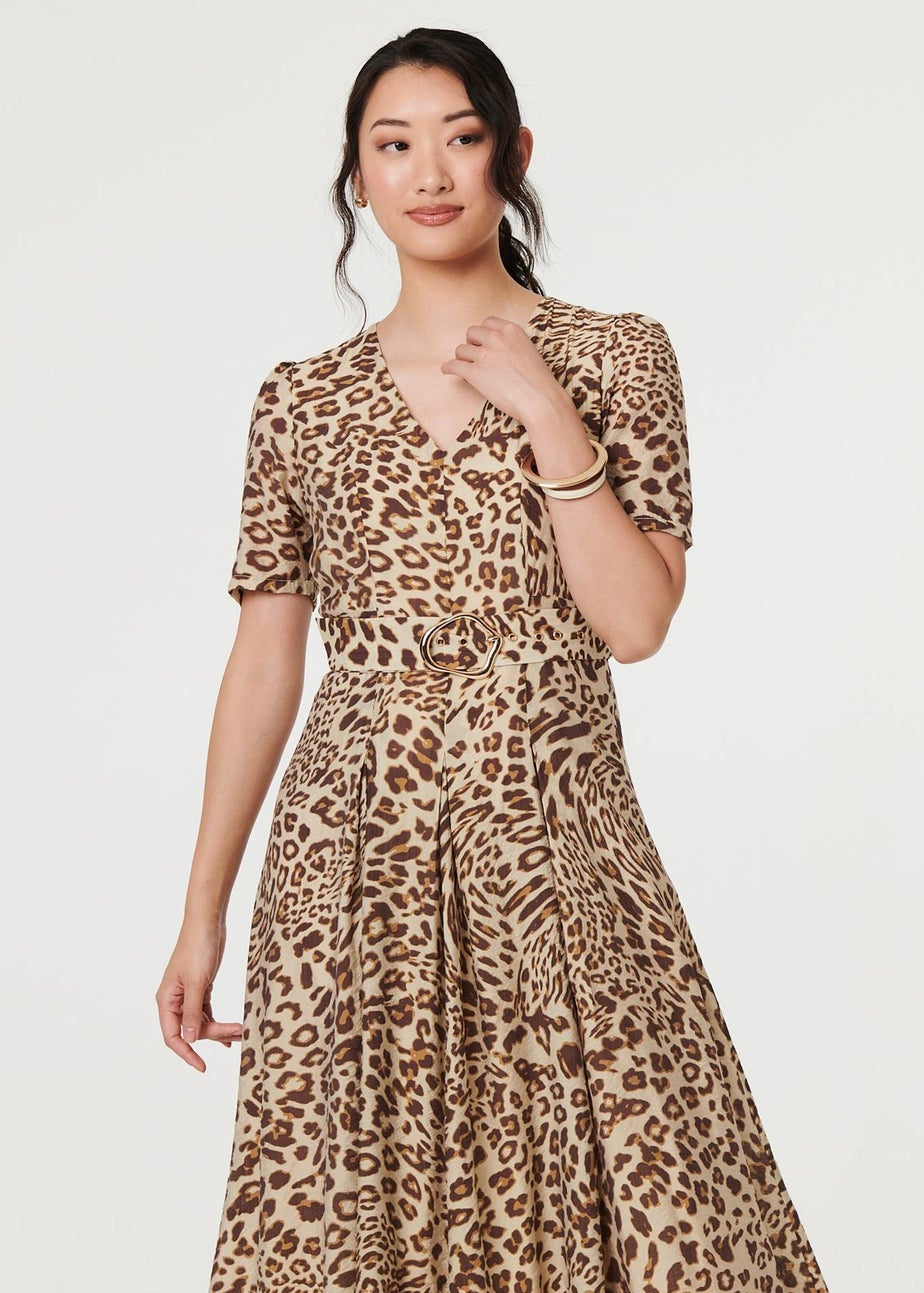 Izabel London Brown Animal Print Belt Detail Midi Dress