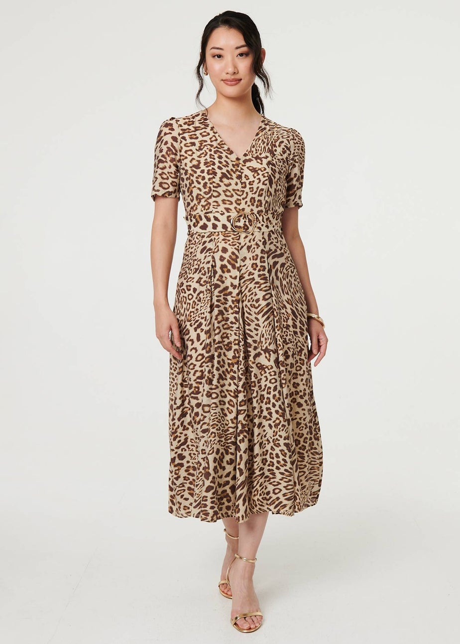 Izabel London Brown Animal Print Belt Detail Midi Dress