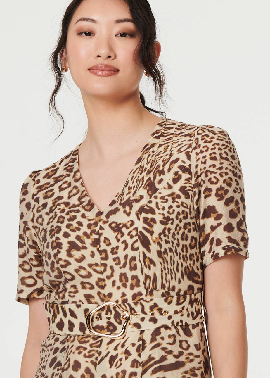 Izabel London Brown Animal Print Belt Detail Midi Dress
