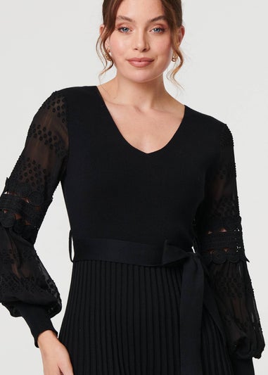 Izabel London Black Pleated Lace Puff Sleeve Midi Dress