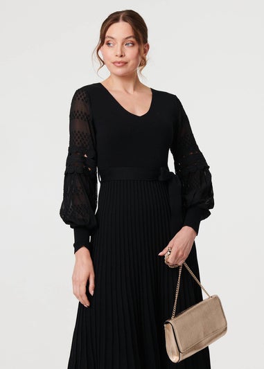 Izabel London Black Pleated Lace Puff Sleeve Midi Dress