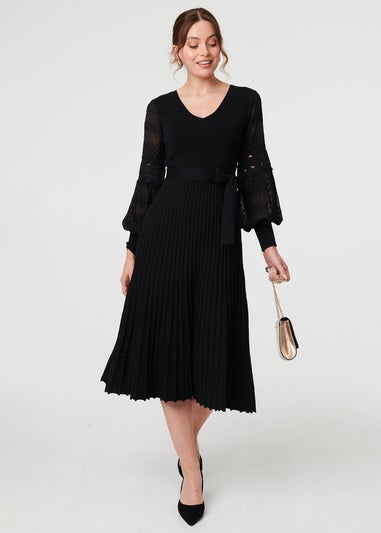 Izabel London Black Pleated Lace Puff Sleeve Midi Dress
