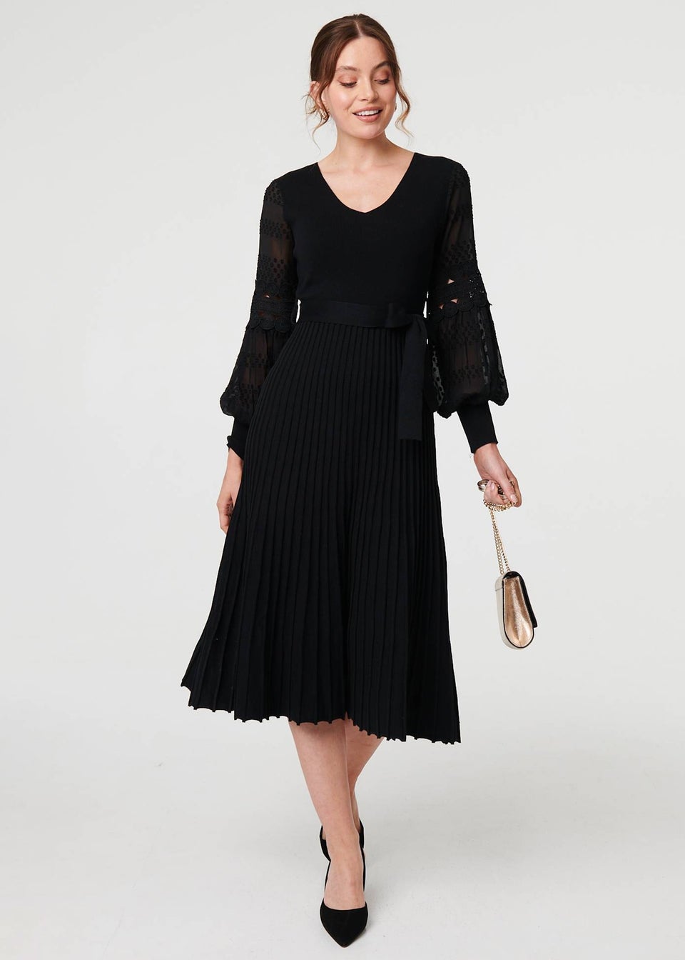 Izabel London Black Pleated Lace Puff Sleeve Midi Dress