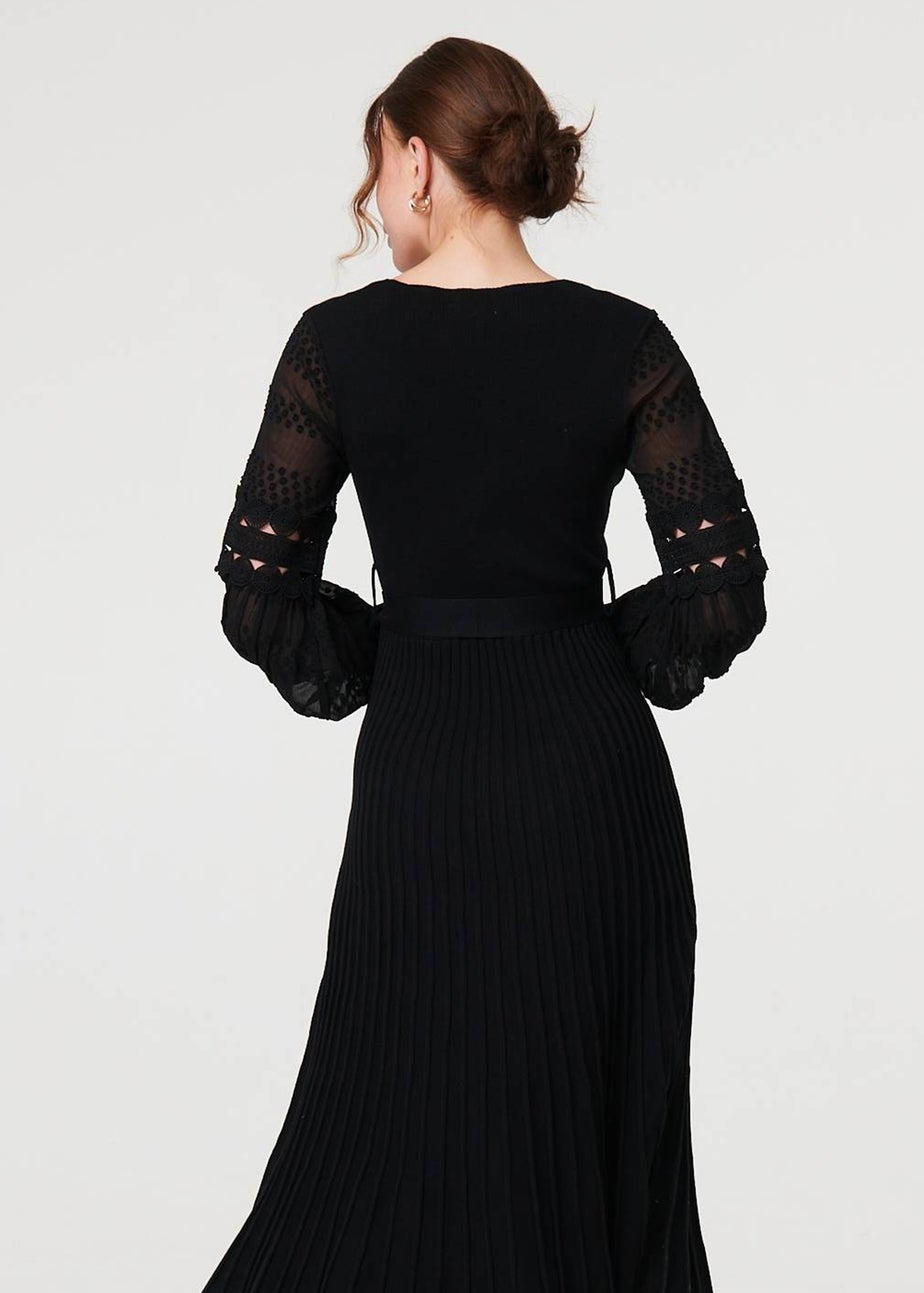 Izabel London Black Pleated Lace Puff Sleeve Midi Dress