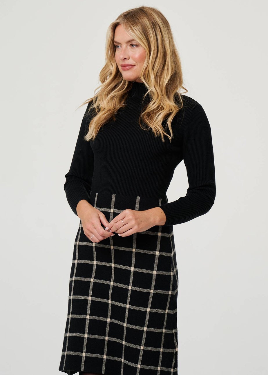 Izabel London Black Checked High Neck Knit Skater Midi Dress