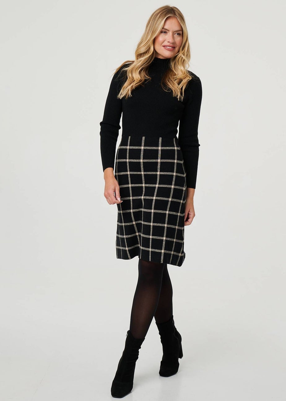 Izabel London Black Checked High Neck Knit Skater Midi Dress