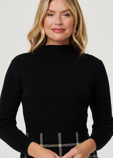 Izabel London Black Checked High Neck Knit Skater Midi Dress