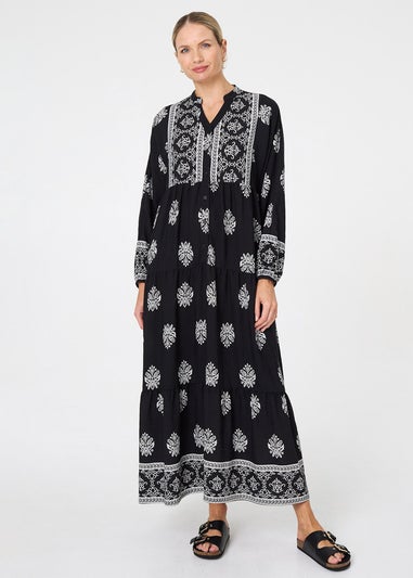 Izabel London Black Border Print Tier Long Sleeve Maxi Dress