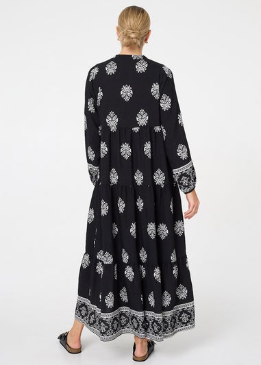 Izabel London Black Border Print Tier Long Sleeve Maxi Dress
